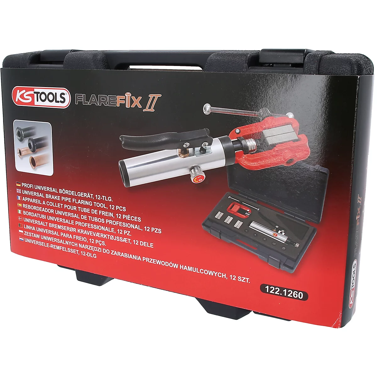 Werkzeugkoffer mit KS Tools FlareFix II Beschriftung und Werkzeugen.